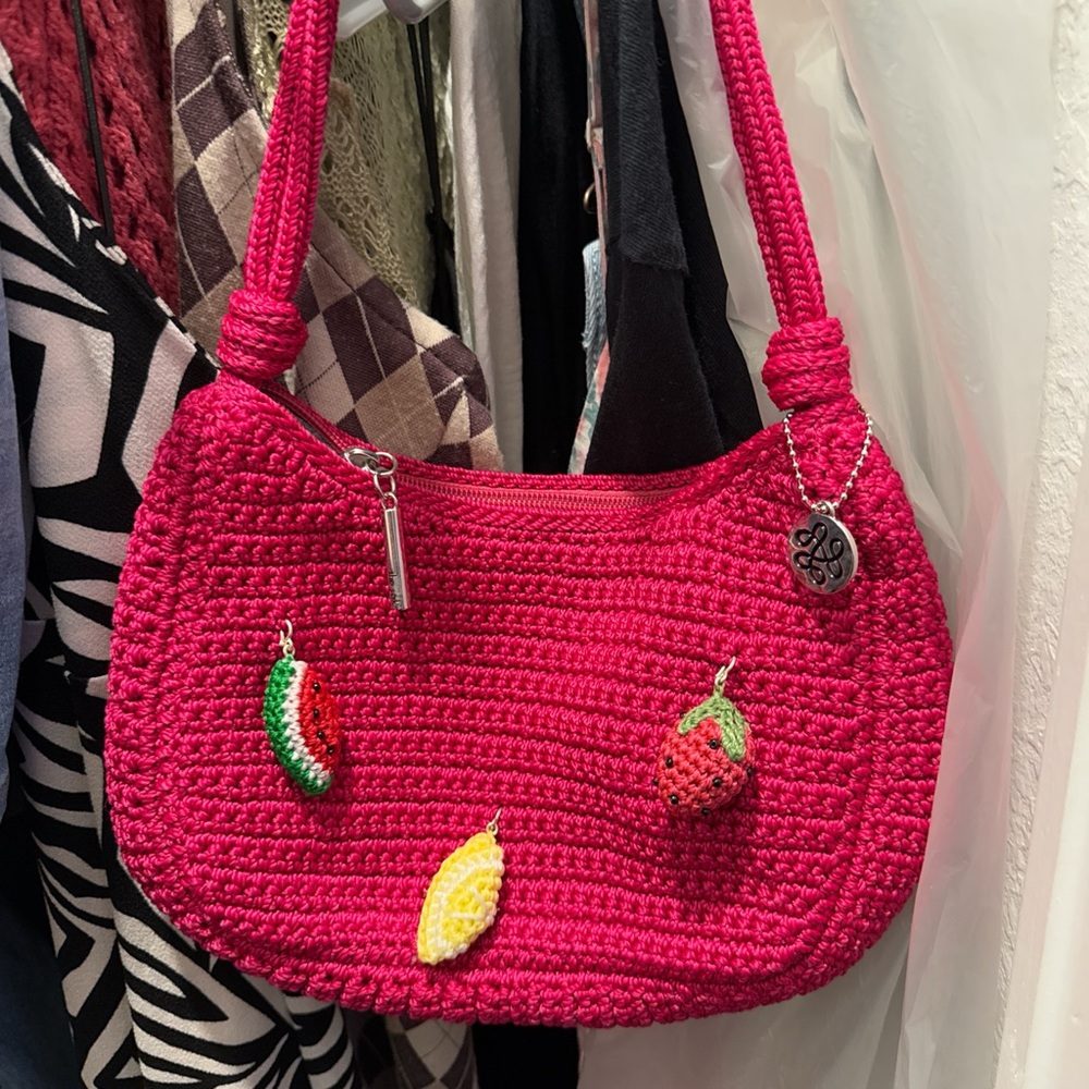 Pink Crochet Shoulder Bag with Fruit Charms